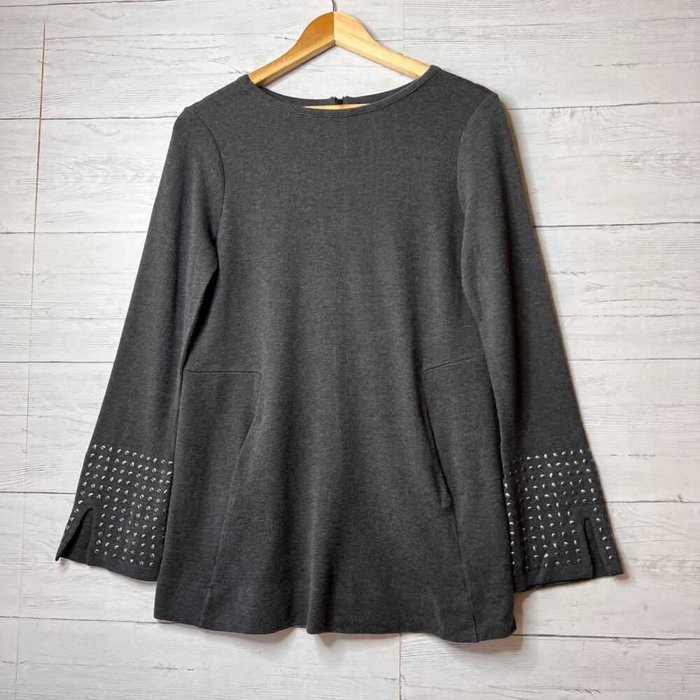 Nic + Zoe Top Womens Size Small Graphite Gray Grommet Cuff Cotton Sleeve Slits